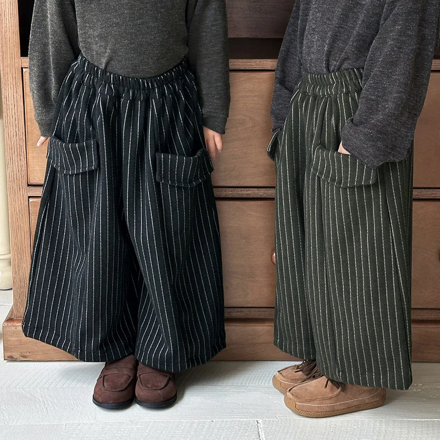 Boys Pants 2026 Spring and Autumn New Children's Clothing Korean Style Boys and Girls Senxian Retro Vertical Stripe Woolen Pants