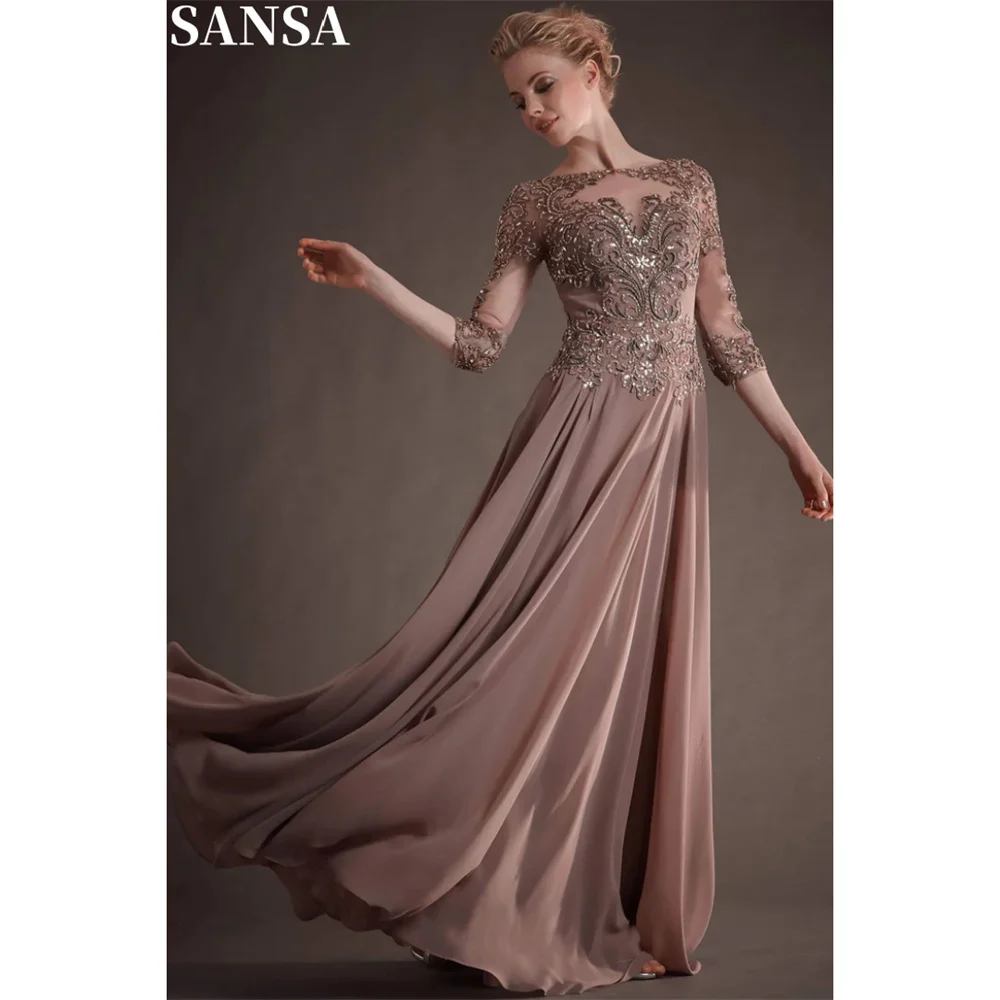 Sansa Formal Long Sleeves Chiffon Mother of Bridal A-line Lace Embroidery Party Dresses Elegant Floor-Length Evening Dresses