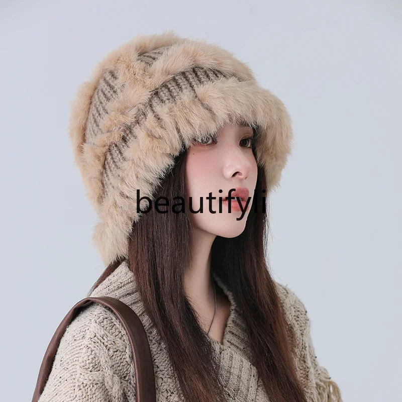 Knitted hat autumn and winter warm wool hat cold-proof plush bag head show face small fur bucket hat