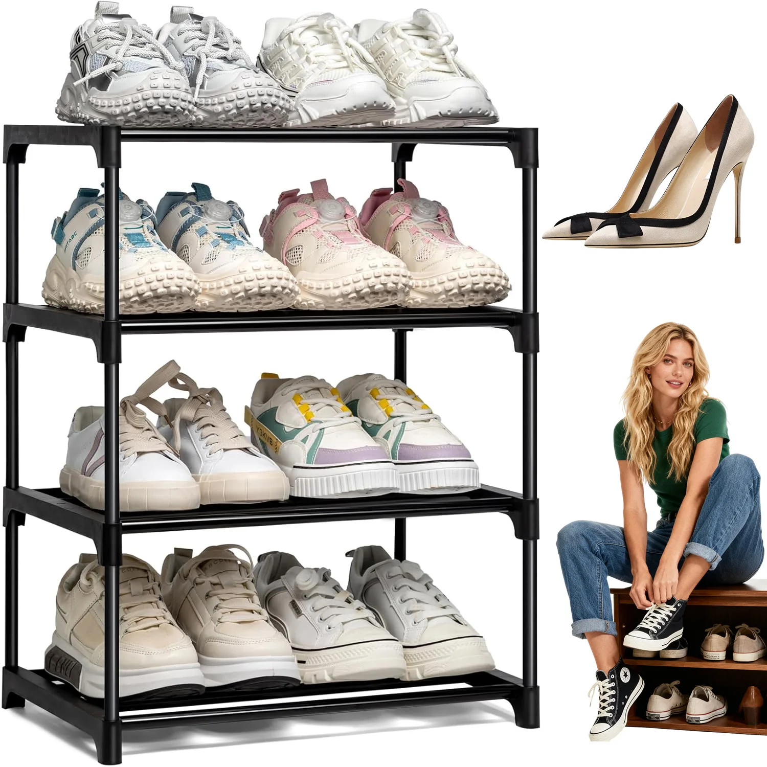 4-stöckiges schwarzes Schuhregal, leichtes, stapelbares Metallgestell, Schuh-Organizer, werkzeugfreie schnelle Montage, ineinandergreifendes Design, platzsparend für Eingangsbereich, Schrank,