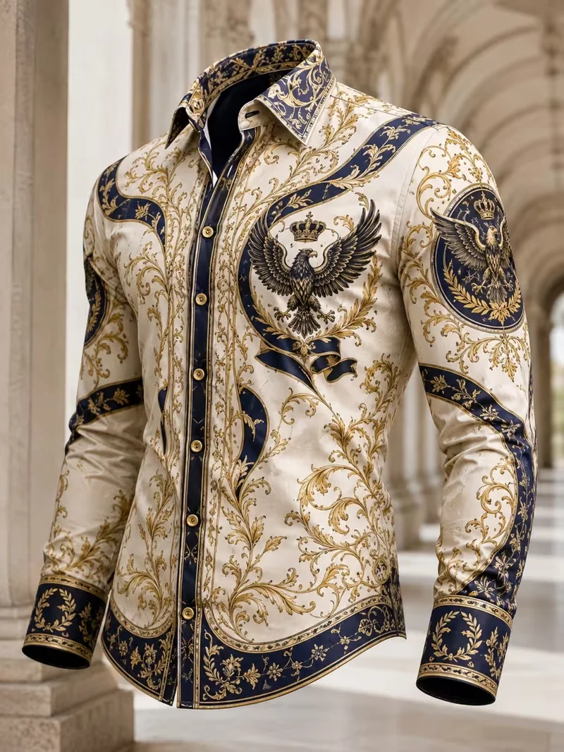 New Black Base Gold Red Flame Phoenix Curly Grass 3D Printed Long Sleeve Shirt Dark Luxury Men's Party Shirt