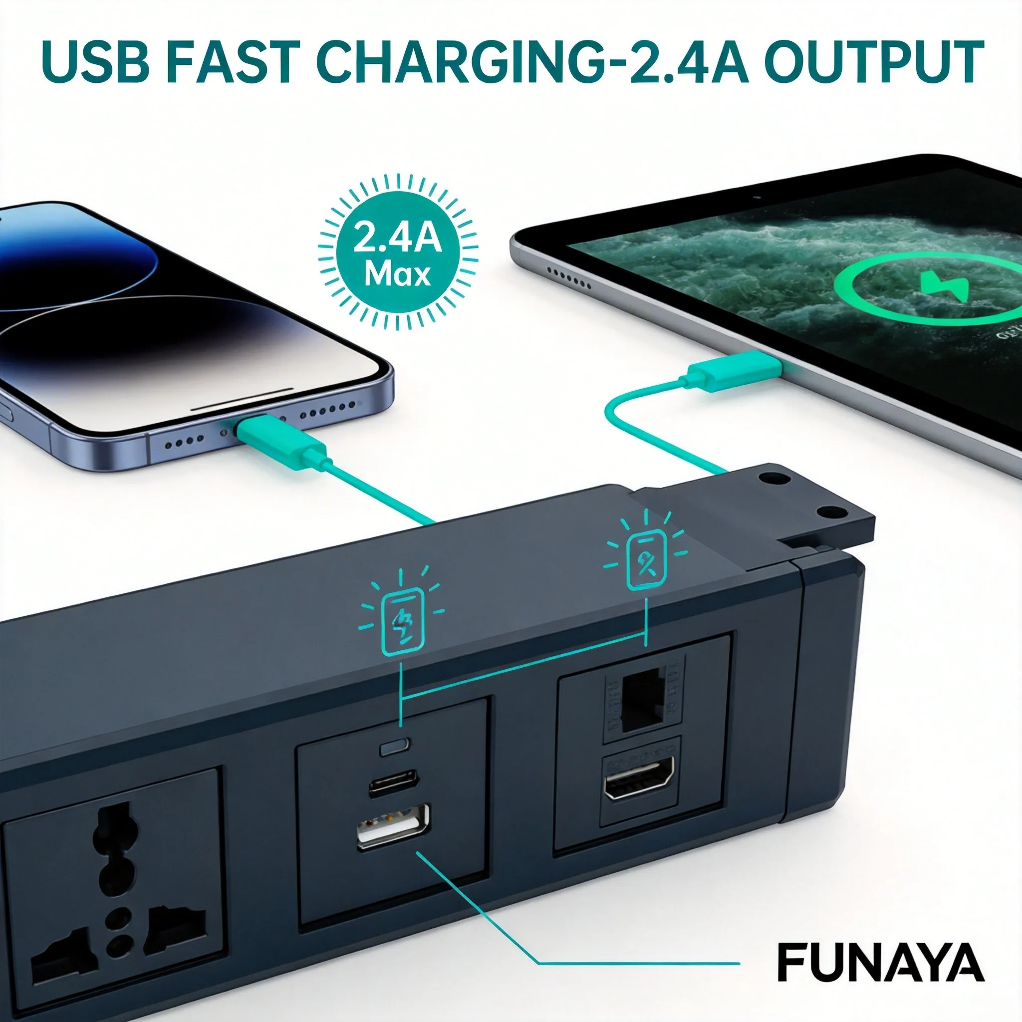 FUNAYA Desktop Embedded Hanging Sockets Universal UK Type-G MK Multi Plug USB Ethernet HDMI Furniture Hidden Extension Socket