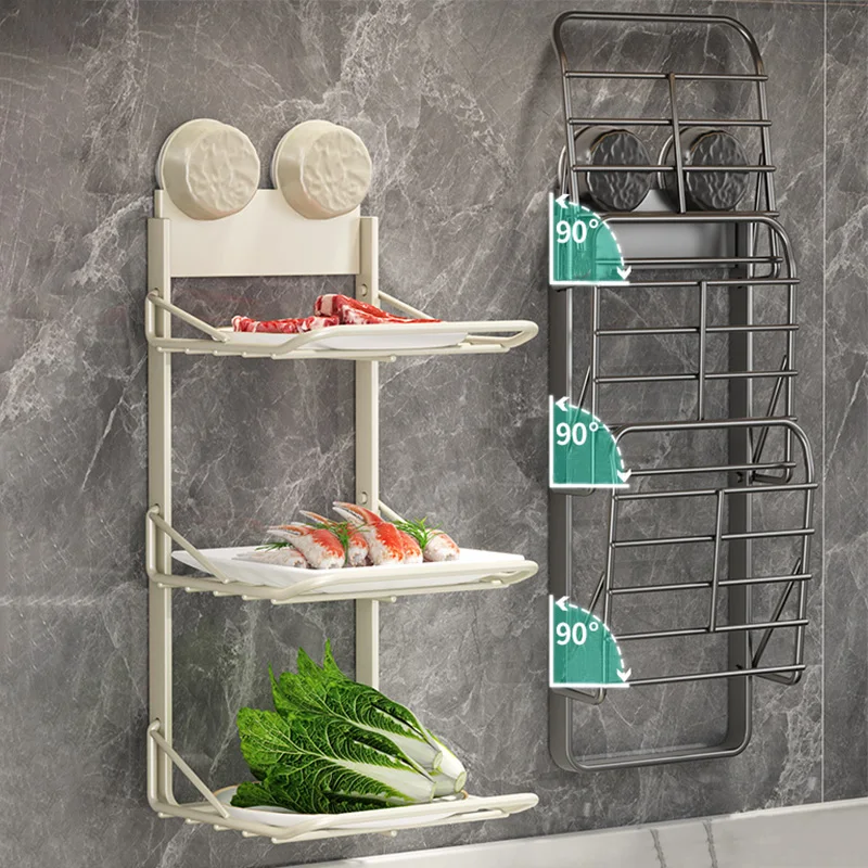 3 Layers Foldable Storage Tray Punch-Free Sucker Installation Kitchen Wall Mounted Shelf Prepare Dish Storage Rack Cooking Rack