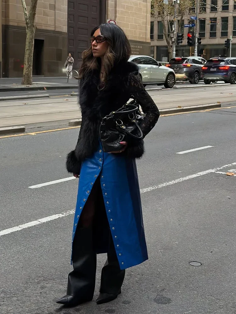 Women Lace Patchwork Faux Fur Coat  Elegant V Neck Fur Trim Long Sleeve Cutout Slim Fit Cropped Coats Chic Commuter Banquet Wear