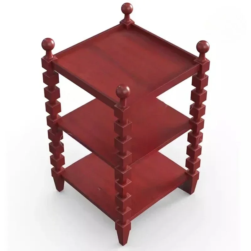 Retro square bedside table, pillar shelf, 3-layer bedside table.
