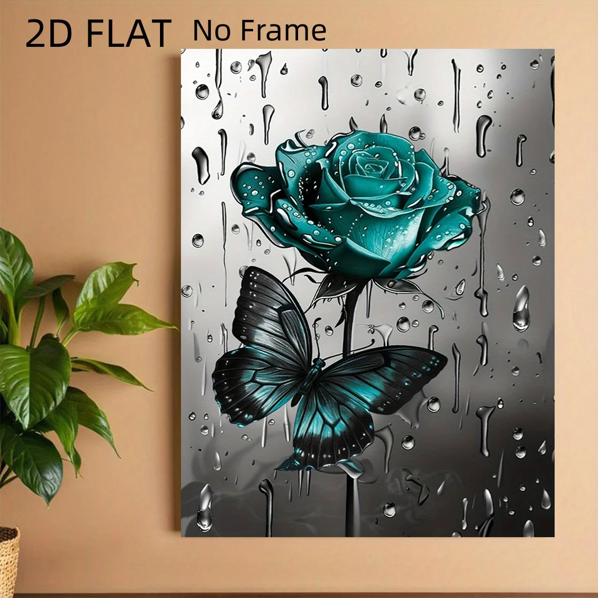 2D Flat, 2D Flat, A Canvas Print Featuring a Teal Rose And Butterfly, Perfect for Various Occasions Such As Weddings, Birthda