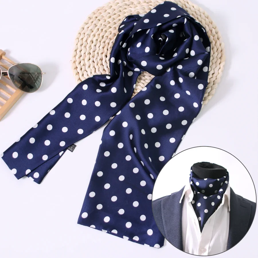 Double-Sided Blue Polka Dot Long Neckerchief Men British Vintage Suit Shirt Collar Mouth Napkin Autumn Winter Trendy Thin Scarf