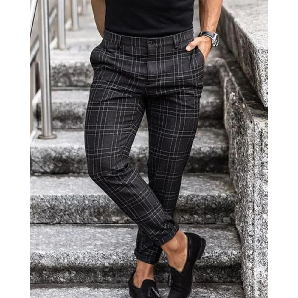 Brand Men's Stripe Plaid Casual Pants Men Cotton Four Seasons High Quality Business Trousers  Slim  Straight Pantalon Homm