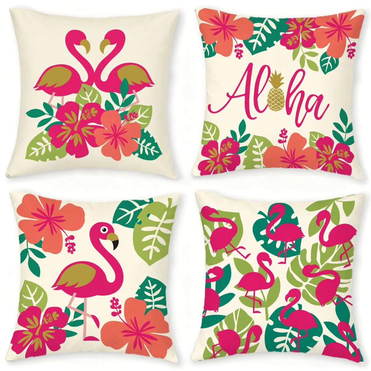 4pc Tropical Aloha Flamingo Throw Pillow Covers Summer Hibiscus Leaf Decorative Cushion Cases for Sofa Bedroom Patio
