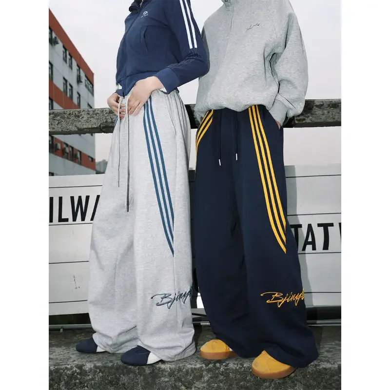 American Retro Pants Men Women Striped Letter Embroidery Solid Color Casual Pants Summer New Straight Loose Hundred Sports Pants