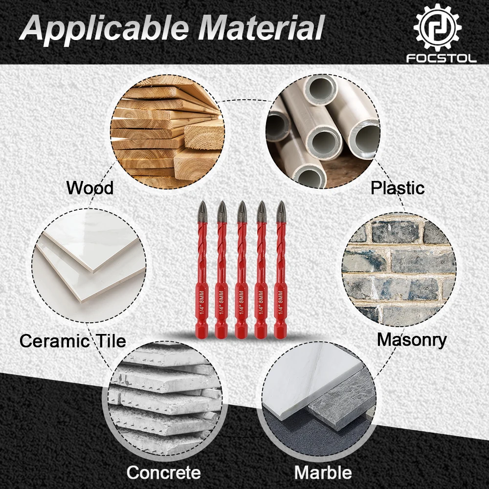 FOCSTOL Drill Bit Set Core Bit Dia 6mm 5PCS  Carbide Drill Tipped Hole Saw Woodworking For Plastic Masonry Ceramic Tile Core Bit