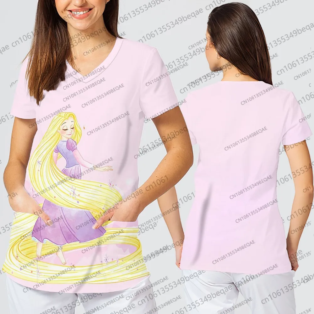 Disney dos desenhos animados impressão gráfica camisetas femininas verão casual com decote em v roupas estilo y2k na moda confortável uniforme de enfermeira para mulher
