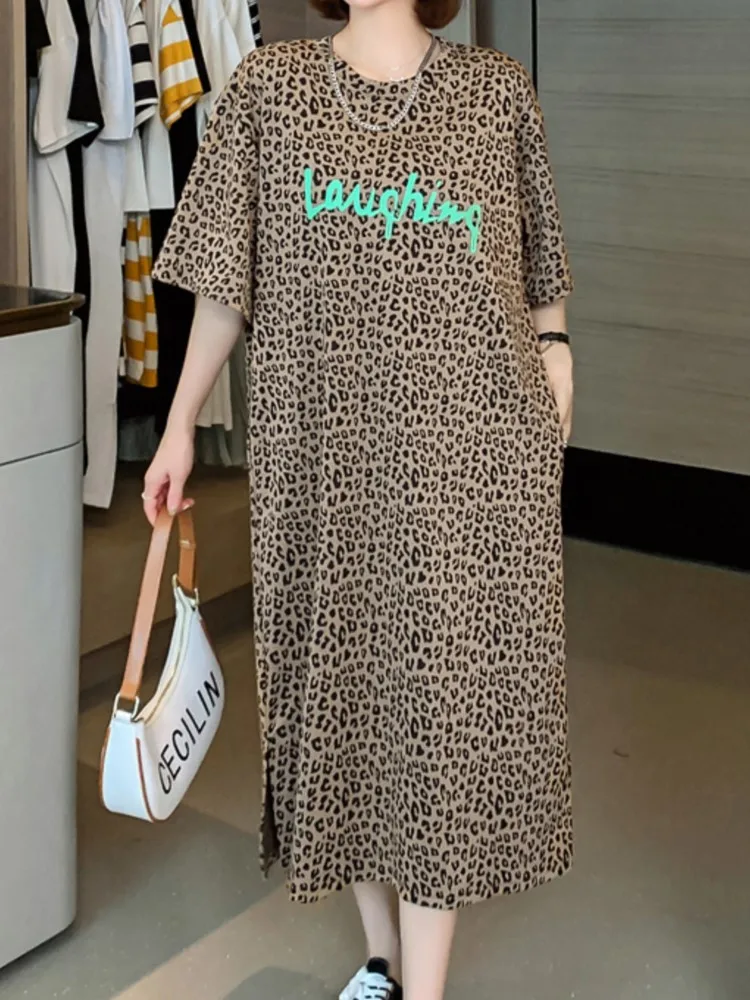 Plus Size Short Sleeves Summer New Korea Woman Dress Vestidos Robe Elbise Letter Print Leopard Ladies Loose Long Dresses