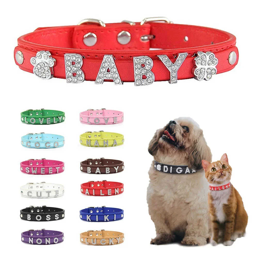 Bling Rhinestone Puppy Dog Collars Personalized Small Dogs Cat Chihuahua Collar Custom Necklace Free Name Charms Pet Accessories