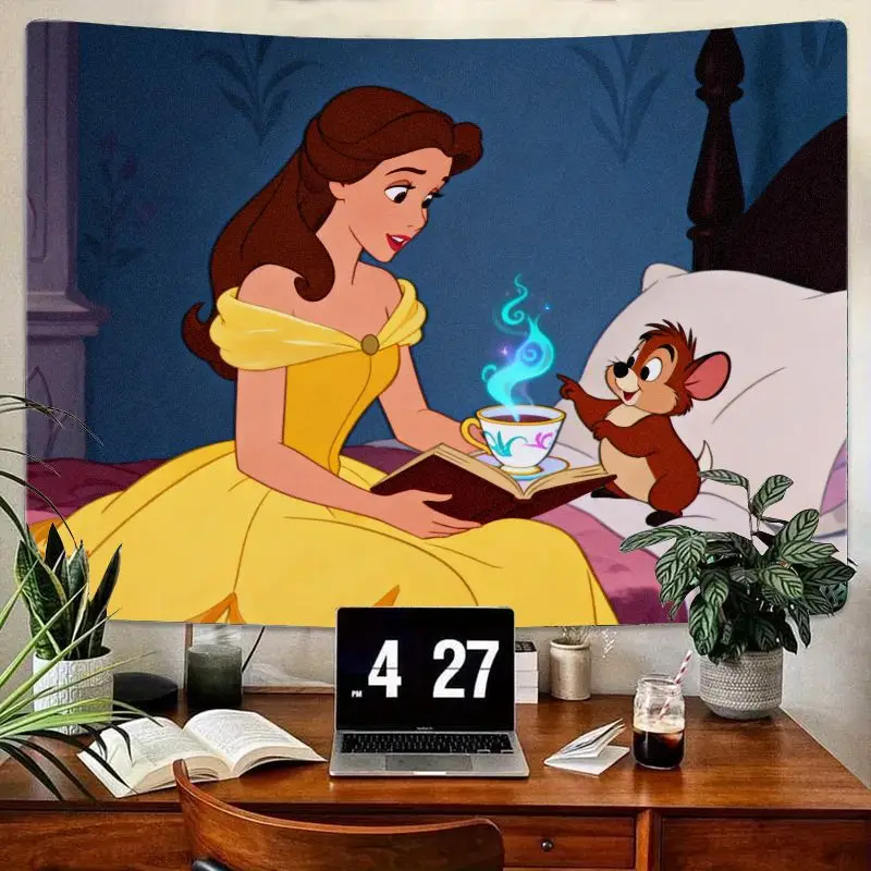 

1PC Disney Princess Belle Tapestry, Beauty & Beast Magical Teacup Mouse Wall Art, Polyester Room Decor Gift