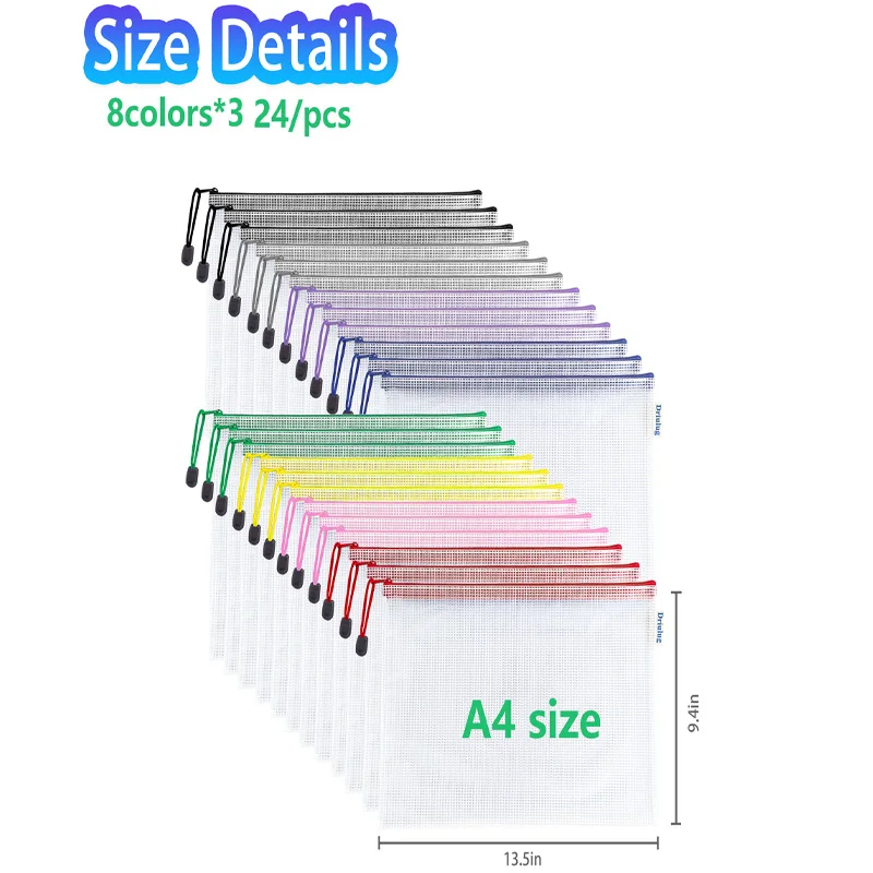 24 パック A4 アソートカラー メッシュ ジッパー ポーチ 巾着クリップ付き 通気性 軽量 文房具 トイレタリー オーガナイザー用
