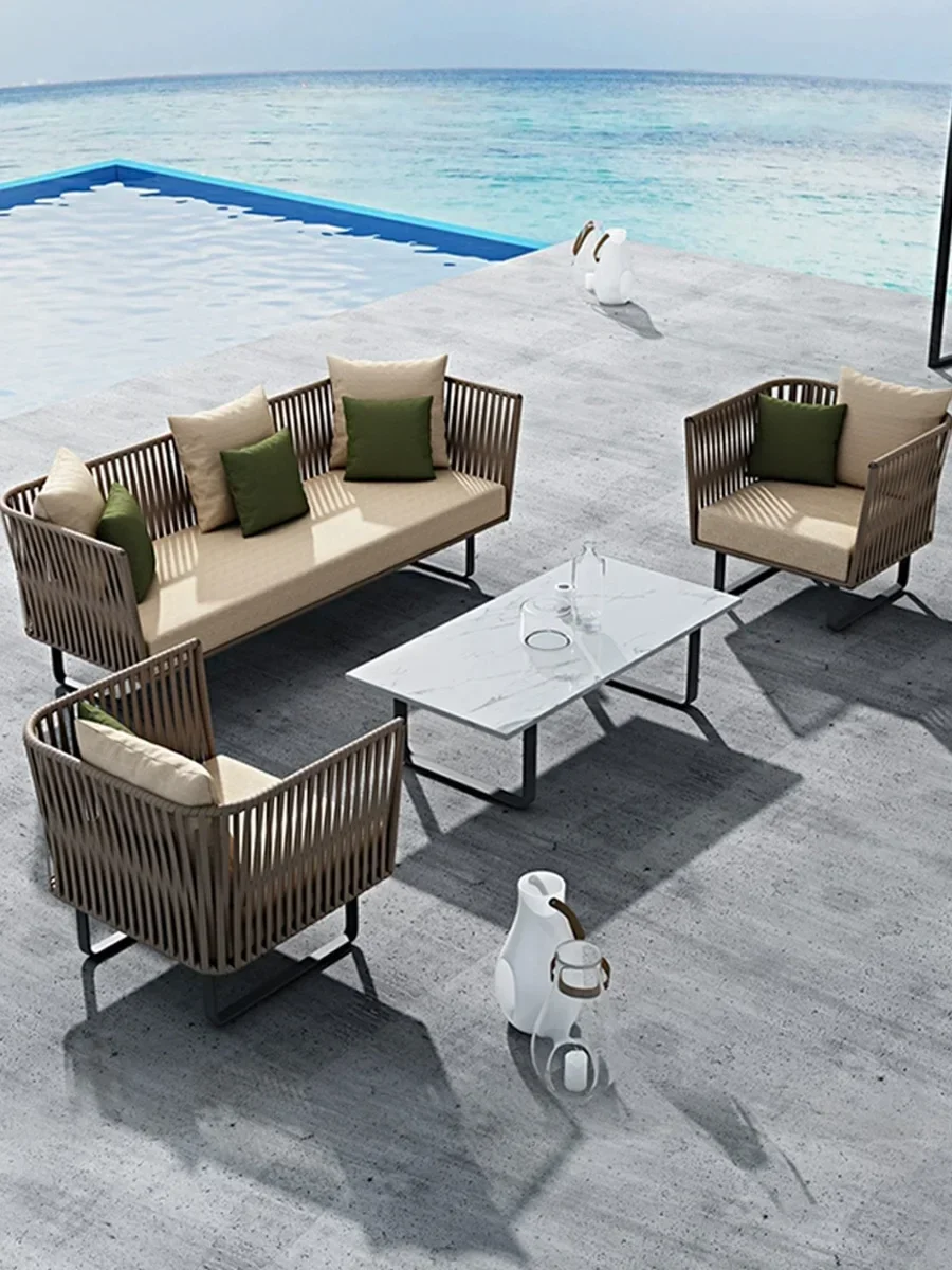 

Superior Outdoor Vine Weaving Sofa and Tea Table Combination Villa Courtyard Terrace Leisure Sunscreen Waterproof Vine Chair Out