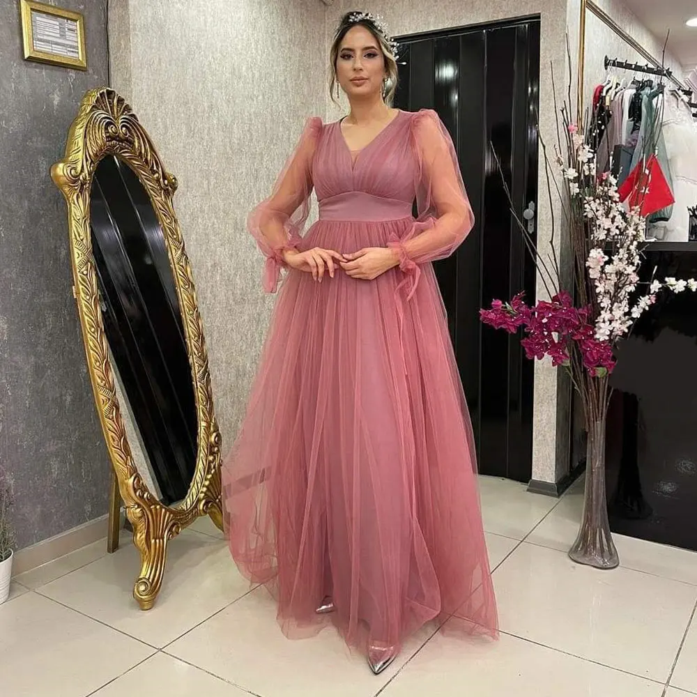 Laxsesu A-Line Tulle Evening Dress Saudi Arabia V-Neck Long Sleeve Back Zipper Formal Occasion Dresses Dubai Vestidos De Festa