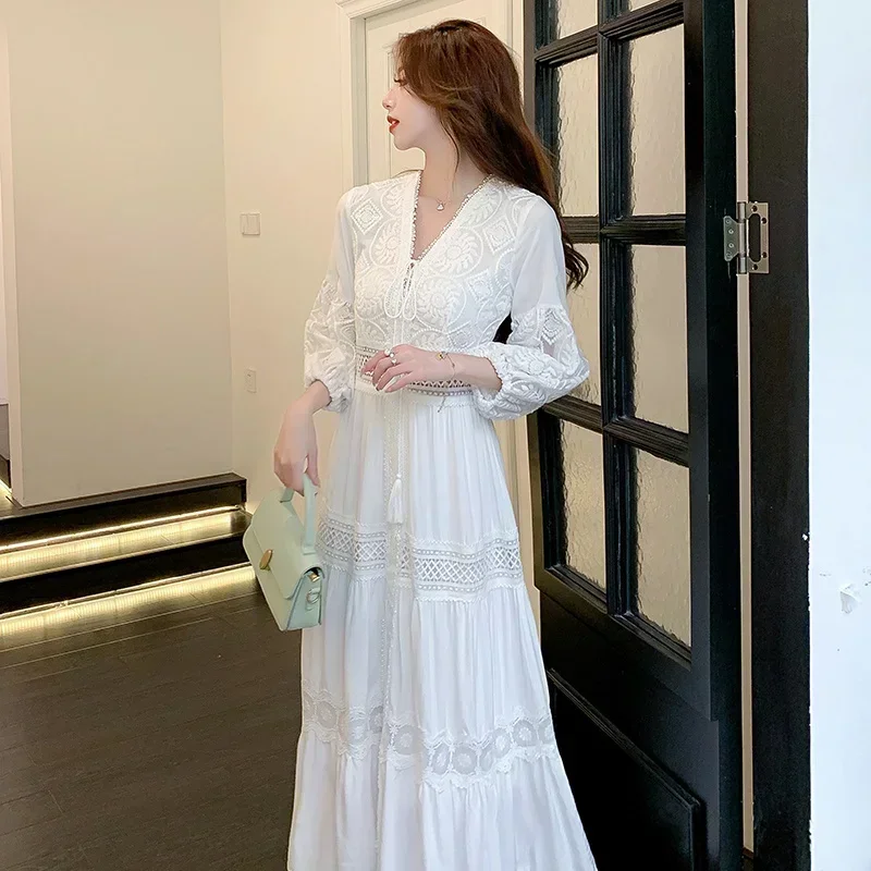 Women Seaside White Holiday Dress Boho V-neck High Waist Embroidery Long Beach Dresses 3/4 Sleeves Hollow A-line Lace Dress