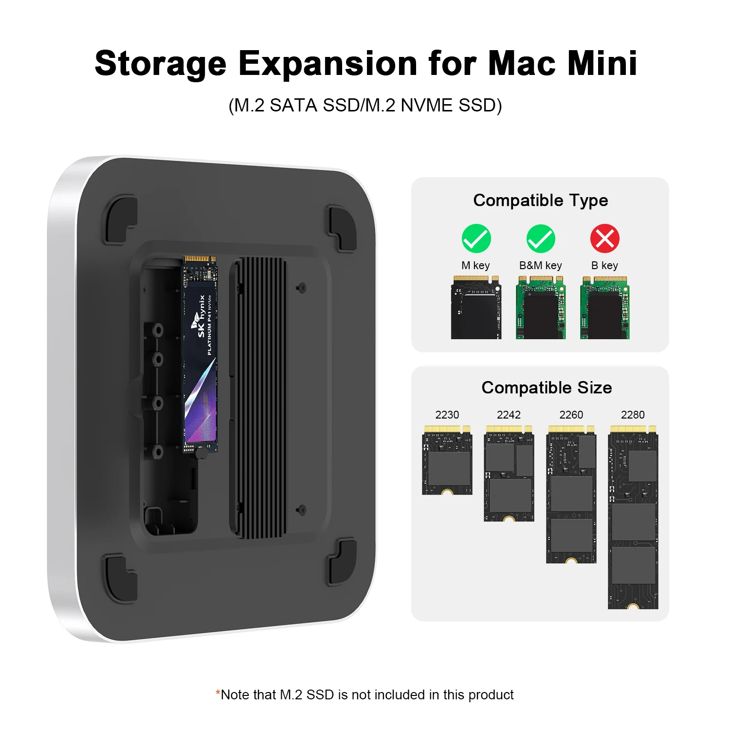 Qwiizlab USB-C Hub with SSD Enclosure for Mac Mini M2/M1, 4K HDMI, Type-C 10Gbps, Card Readers 104MB/s, Fits M.2 SATA NVMe SSD