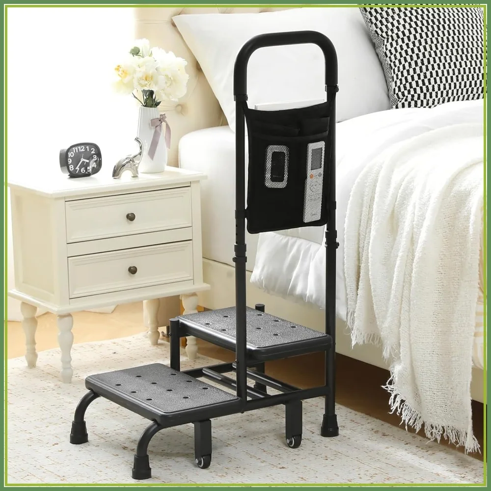 

2 Step Stool with Wheels and Storage Bag, Adjustable Bed Steps for High Beds, Portable Footstool for Adults - Black