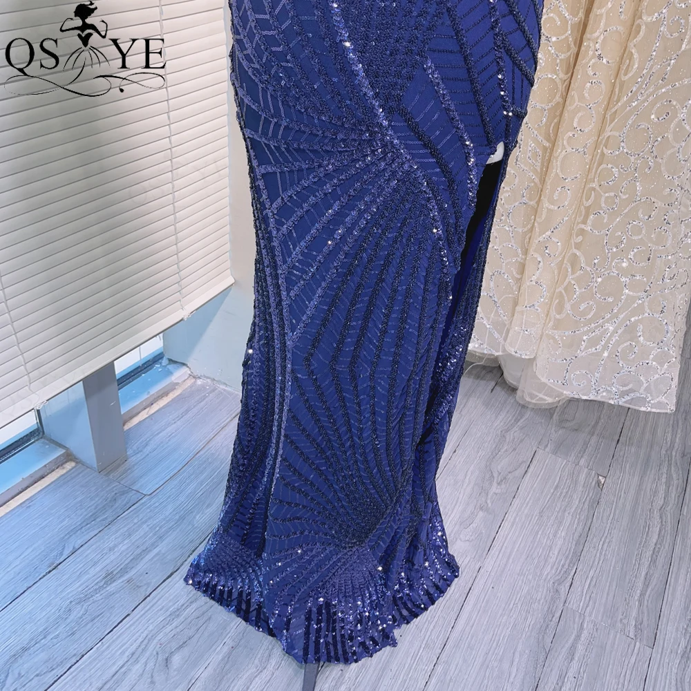 Sexy V neck Navy Blue Evening Dresses Halter Straps Sequin Prom Gown Pattern Lace Open LowBack Women Front Slit Girl Party Dress