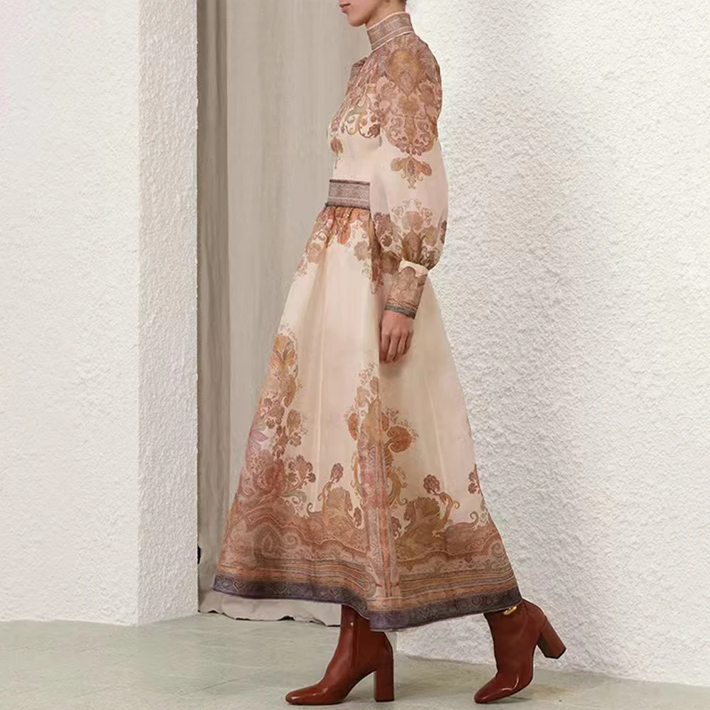 

Autumn 2025 Australia New Sle Silk Linen Paisley High Collar Long Wide Leg f Skirt with Strap Women's Profional Skirt...