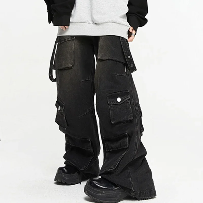 UMI MAO Wide Leg Denim Men\'s 2024 Summer American High Street Multi Pocket Jeans Loose Hip Hop Straight Handsome Pants