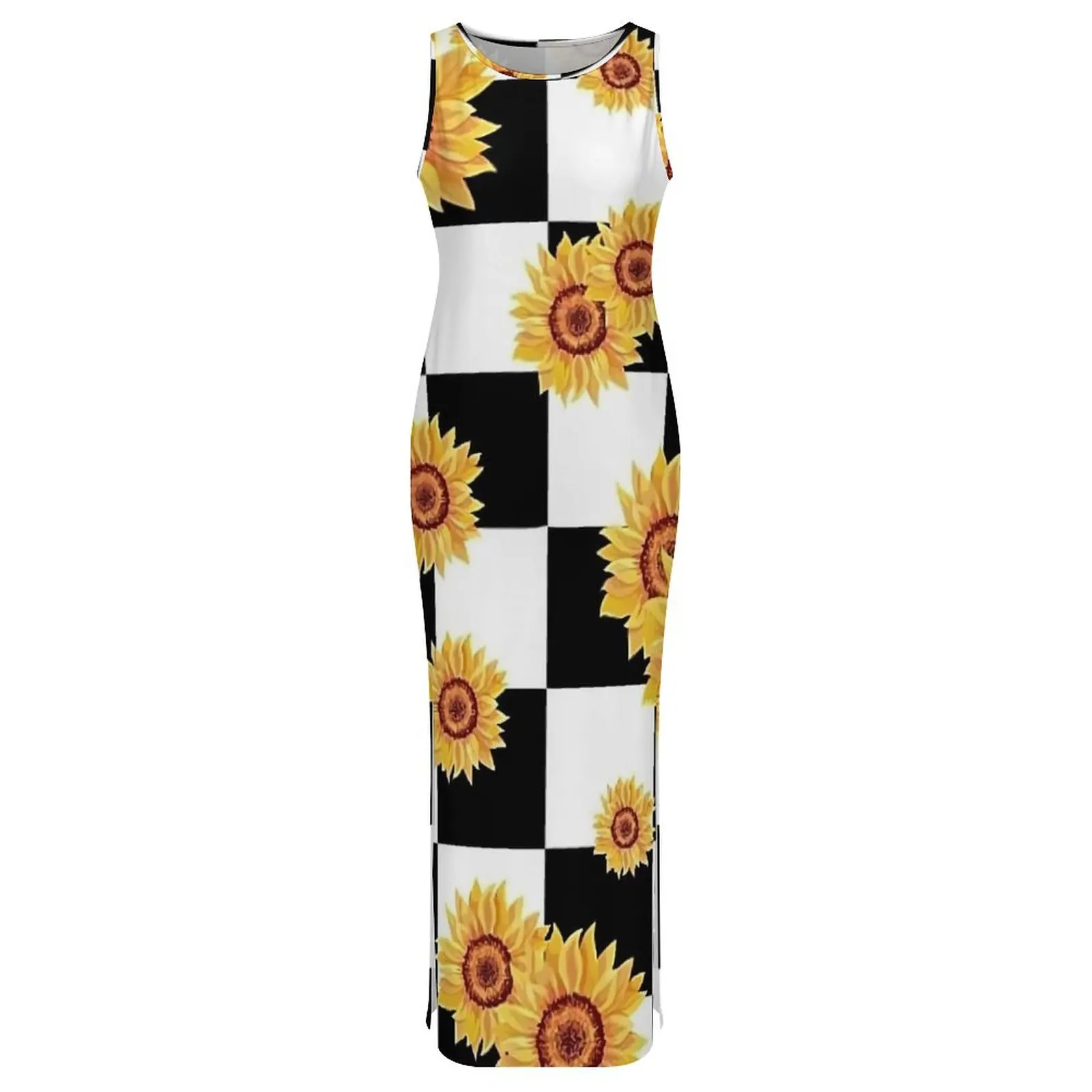 Women Bodycon Dress Vintage Sunflower Maxi Dresses Holiday Checkerboard Print Sleeveless Street Wear Print Dress Large Size 4XL