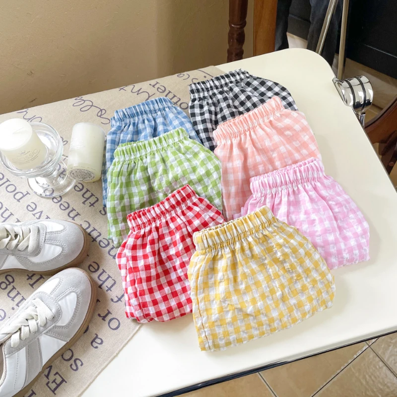 Girl\'s Candy Color Plaid Shorts Summer New Boys And Girls Baby Casual Loose Anti-Mosquito Pants Children Cotton Bottom Shorts