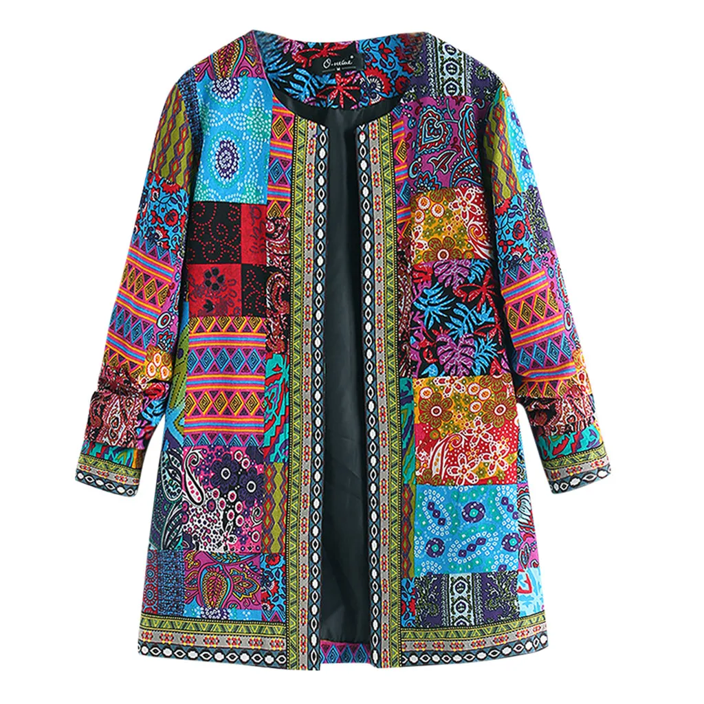 Women Vintage Ethnic Style Floral Print Long Sleeve Plus Size Cotton Jacket Coat Chaqueta Mujer Roupas Femininas пальто женское