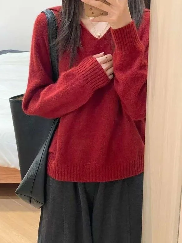 

Red Crew Ne Knitwear Women's Loose Fit Base Layer Sweater Spring 2026 mat Sle Warm Long Sve Korean Version
