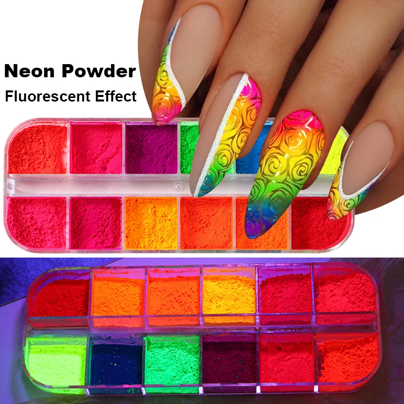 2 Box Neon Rainbow Nail Pigment Glowing In The Dark Powder Colorful Phosphor Chrome Glitter Gradient Nail Art Rubbing Dust Decor