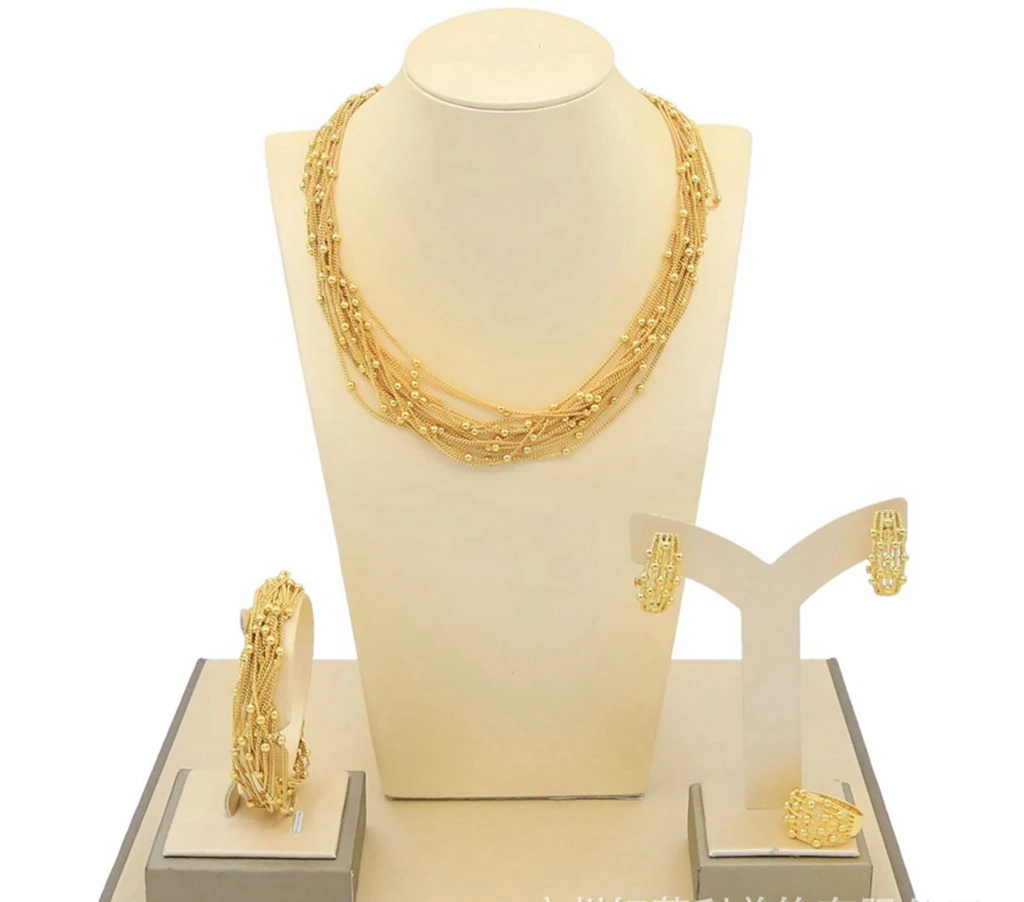 24K Gold Plated Multi-layer Chain Beads Necklace Earrings Bracelet Ring Alloy Jewelry Set Dinner Accessories for Women Bu10104