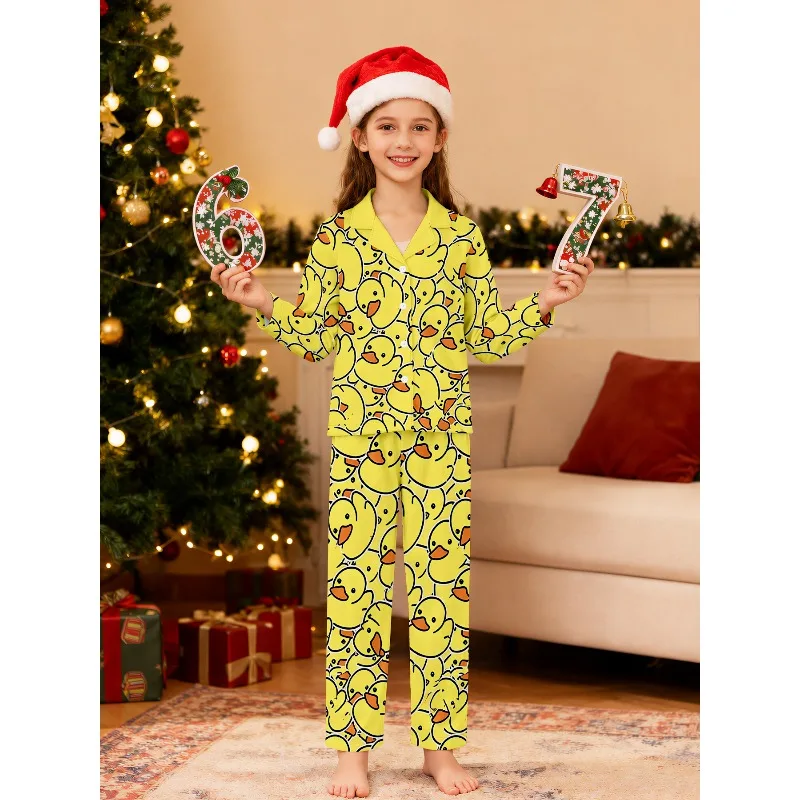Girls Cute Cartoon Duck Capybara Cat Print Pajama Set Long Sleeve Lapel Nightwear, Perfect Gift for Birthday and Xmas