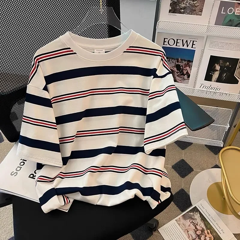 

Striped Short Sleeve T-shirt Summer Commute Round Neck Casual Fashion Top Oversized Loose Korean Brand T-shirt Tee