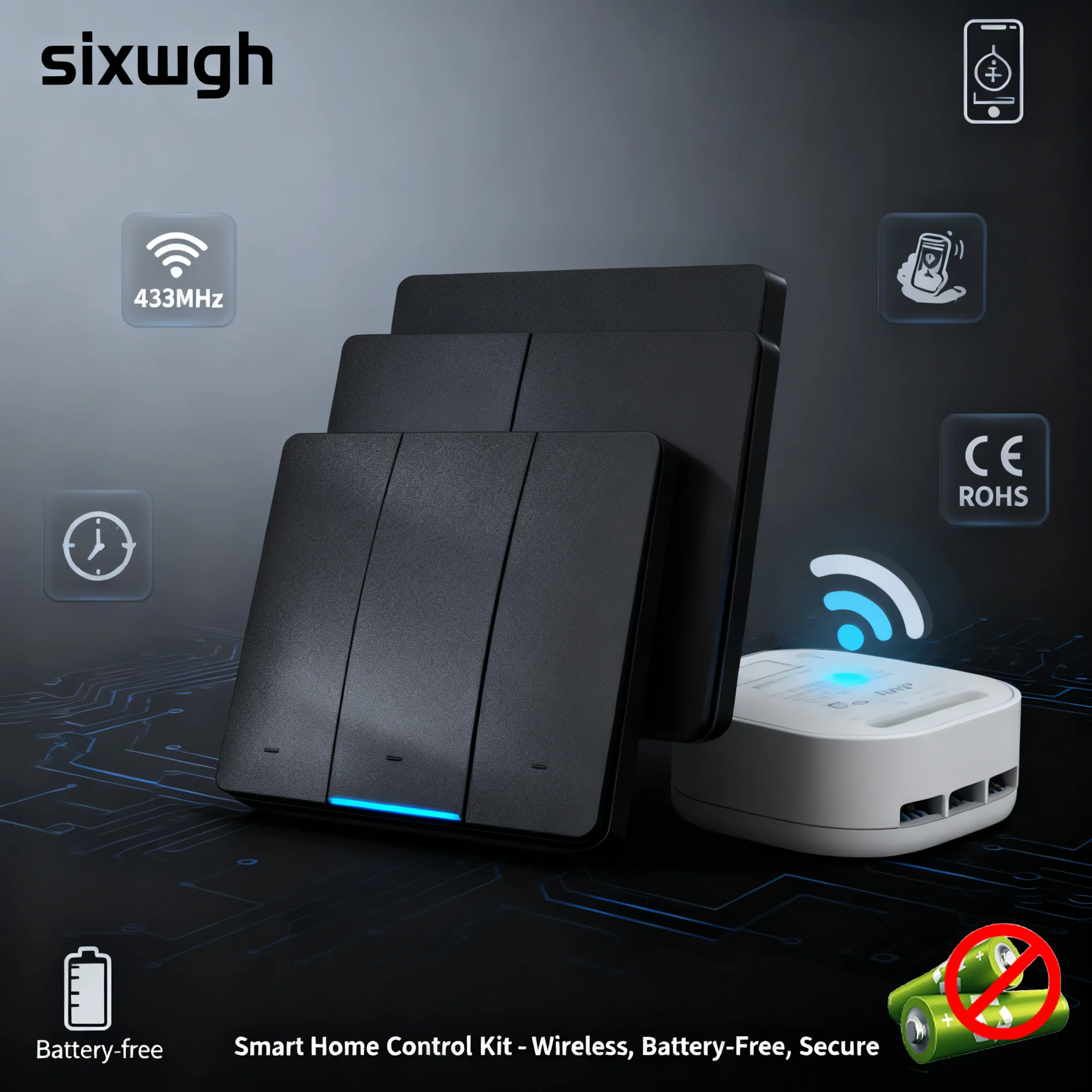 

SIXWGH Mini Smart Switch RF433 Self-Powered Remote Control Square Round-Corner 10A 100-240V AC for Wireless Lighting Control