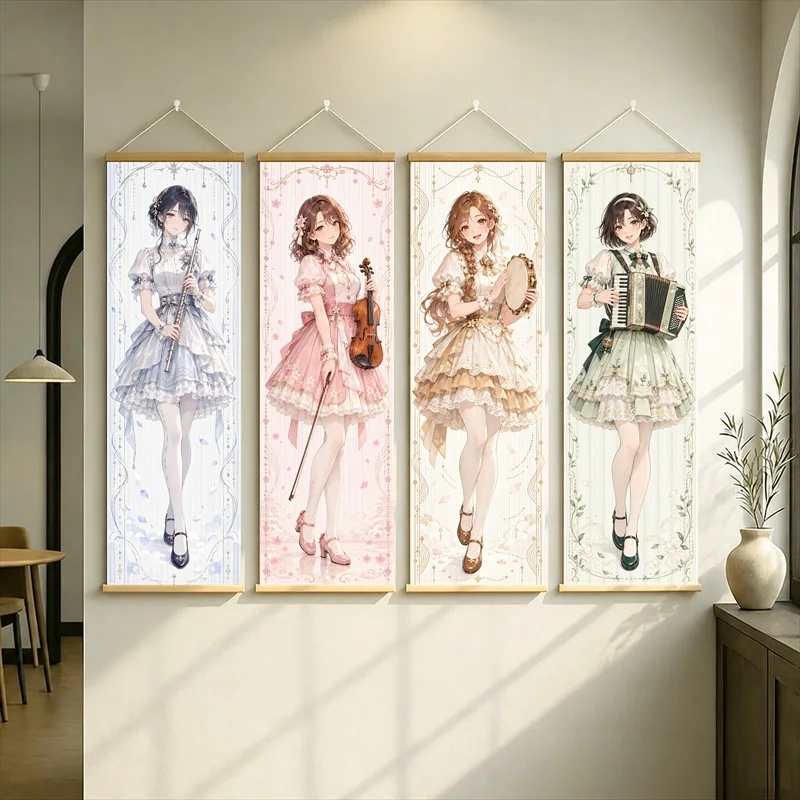 Anime Girls Hanging Scroll with Blue, Pink, Cream and Green Ruffled Dresses in a Delicate Floral Style for a Reading Nook