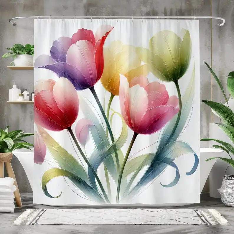 Tulip Shower Curtain - Waterproof Fabric Bath Curtain - Floral Bathroom Decor
