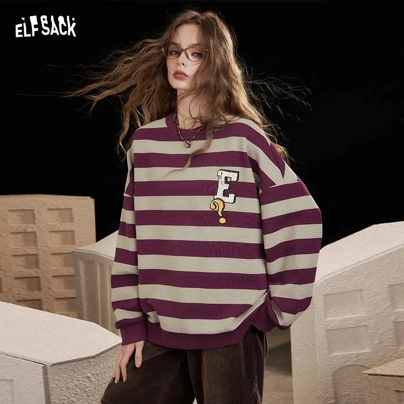

ELFSACK 2025 Winter New Arrivals Casual Character Embroidered Stripe Sweatshirt For Woman