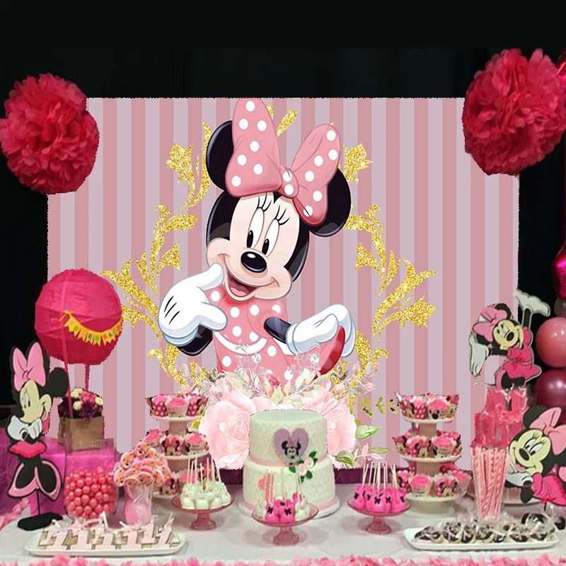 Disney Gold Pink Glitter Minnie Mouse Backdrop Party Supplies Flower Photography Backdrop Birthday Background Girls Decoration