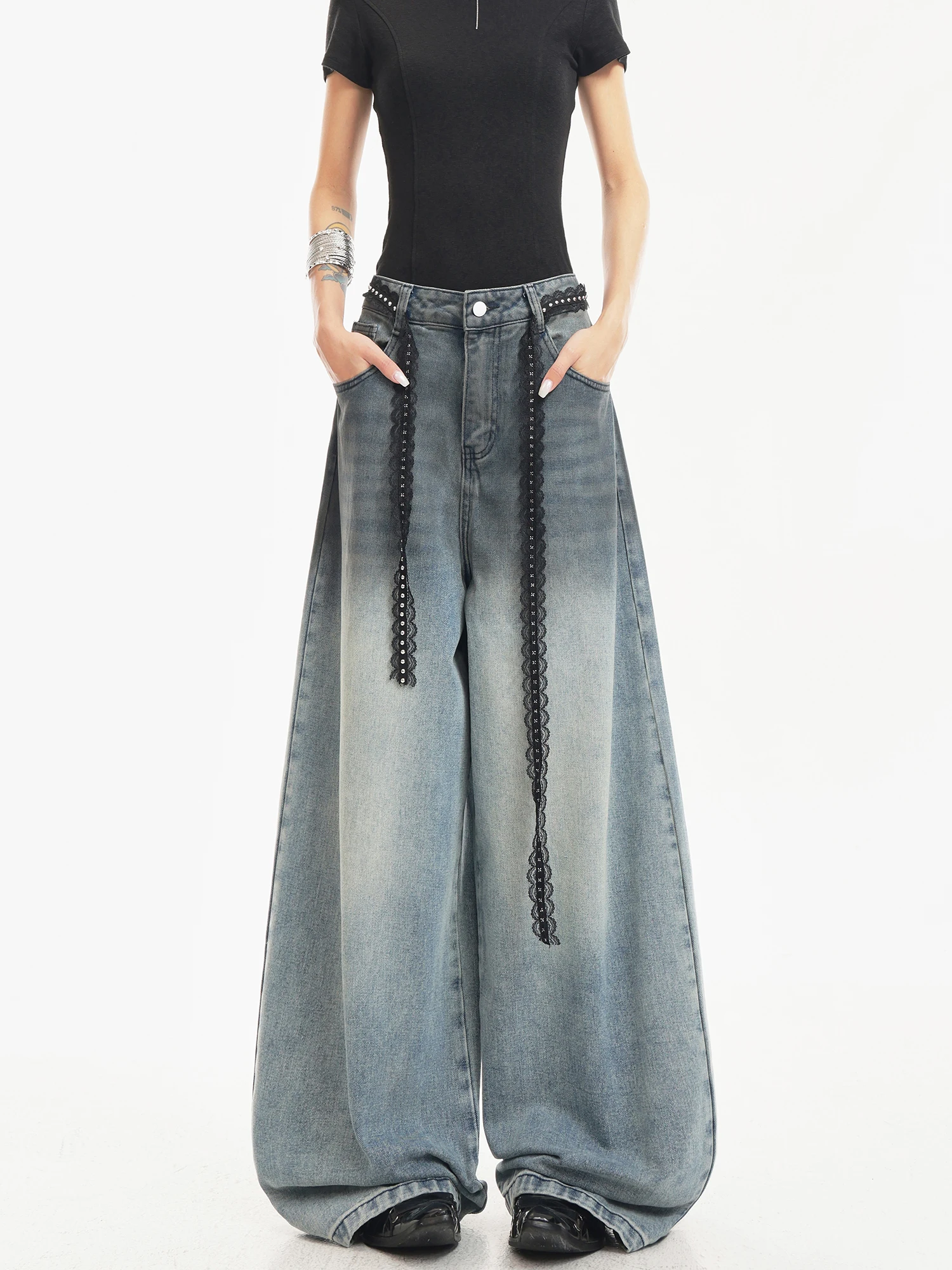 

Ken Studio High Street American Gradient Design Wide Leg Jeans Women's Draped Loose Dirty Pants Floor-Length Pants