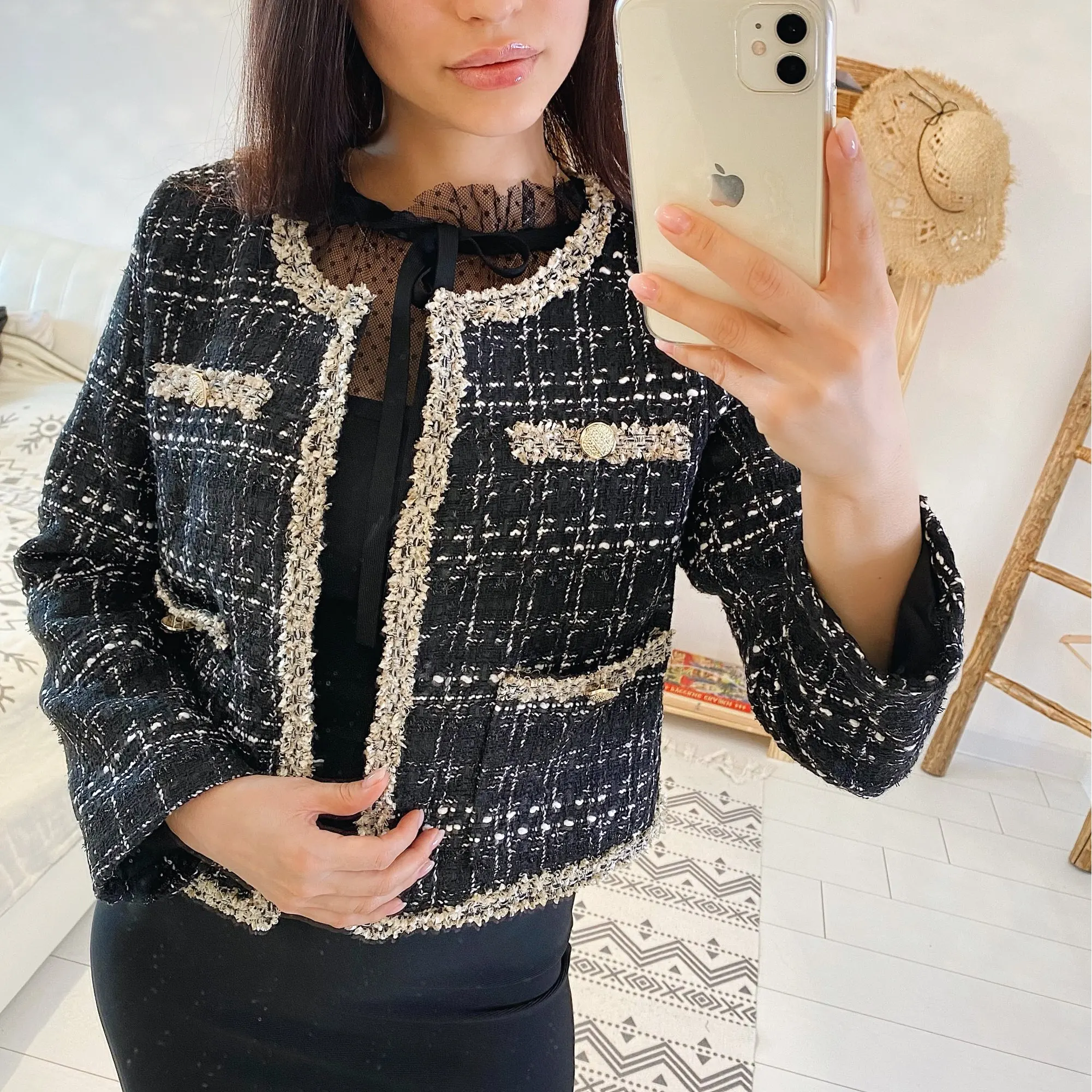 

Spring Autumn New Vintage Tweed Jacket Coat Women Small Fragrance Patchwork Korean Woollen Coats Elegant Short Outerwea