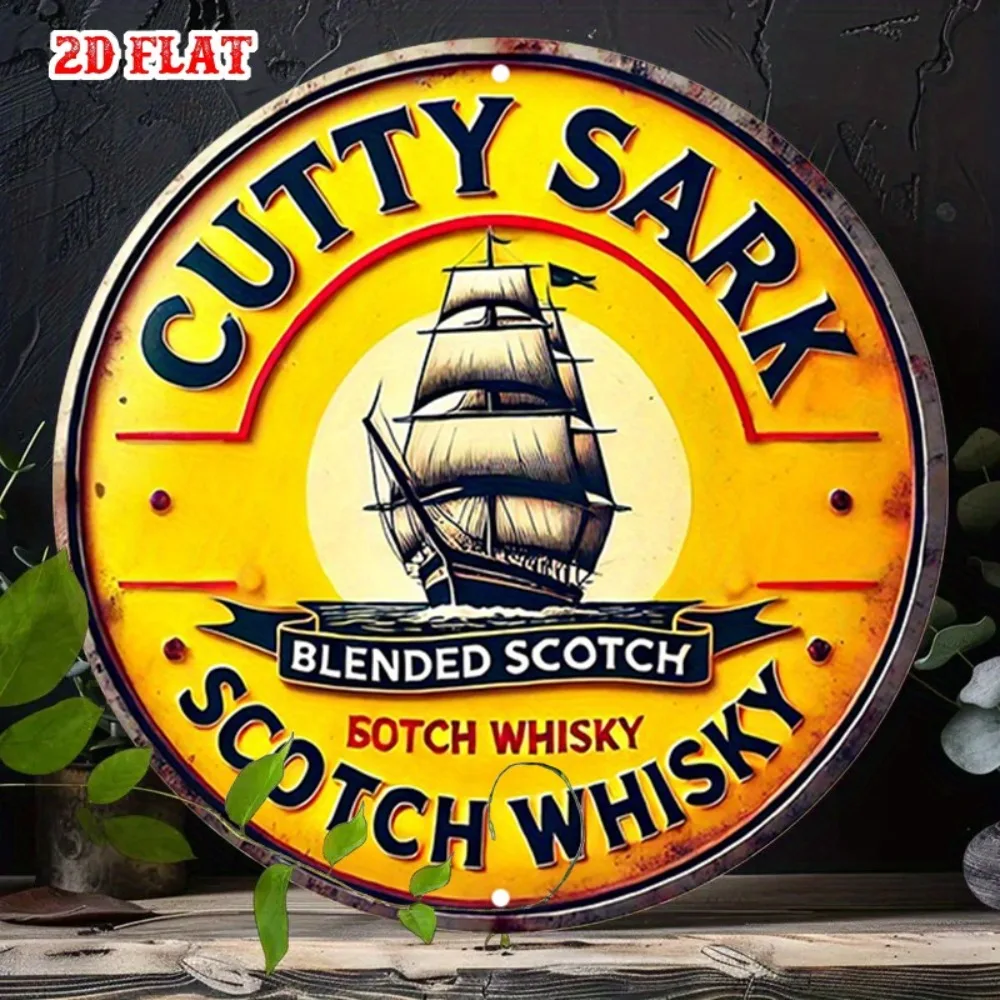 Letrero Redondo de Aluminio Vintage Cutty Sark Nautical Whisky, Decoración Rústica de Metal para Pared de Hogar, Bar, Garaje, Cafetería, Preperforado