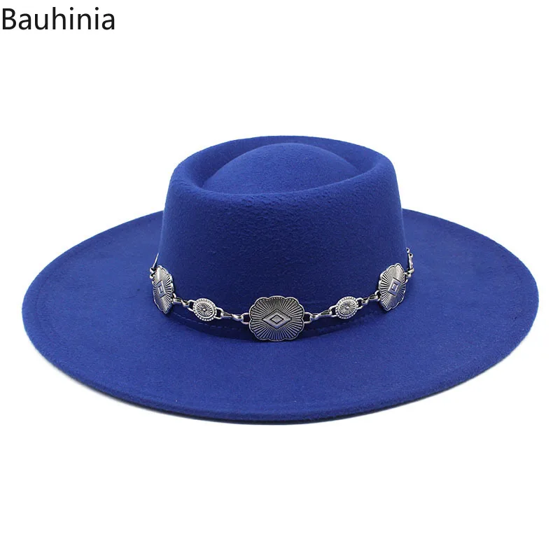 Bauhinia White Felt Fedoras Hat For Women 9.5cm Big Brim New Formal Church Wedding Cap Concave Flat Derby Hats