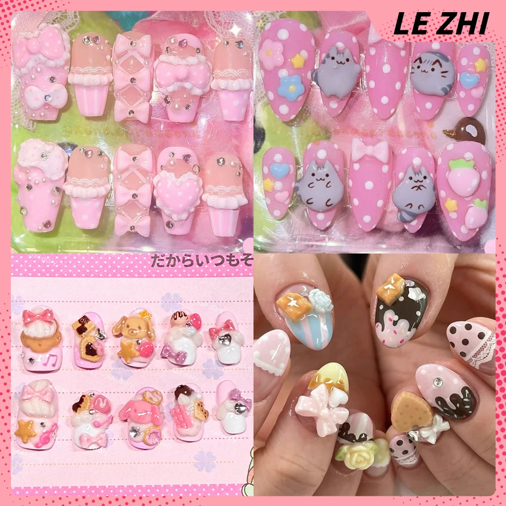 

3D Cartoon My Melody Rilakkuma Handmade Short Square Round Almond Reusable Fake Nail Wing Polka Dot Bow Lace Press On Nail Gift