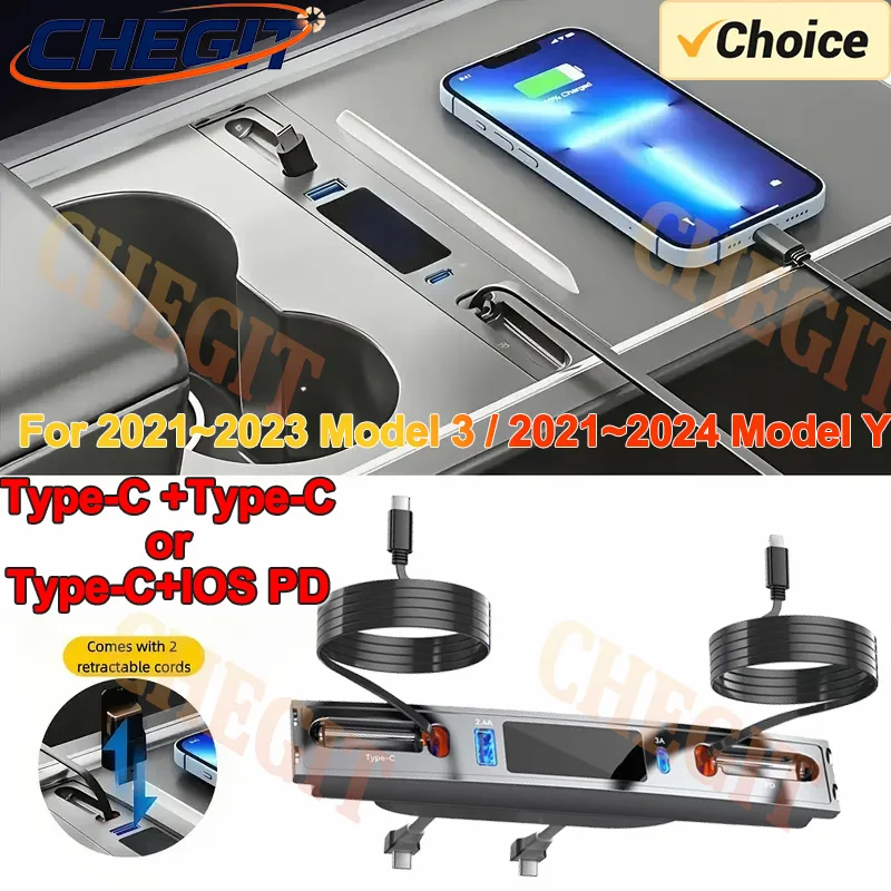 4in1 Car USB Charger Multi Port for 2021-2023 Tesla Model 3/Y,Multifunctional Tesla Accessories with Logo Gifts for Tesla Owners