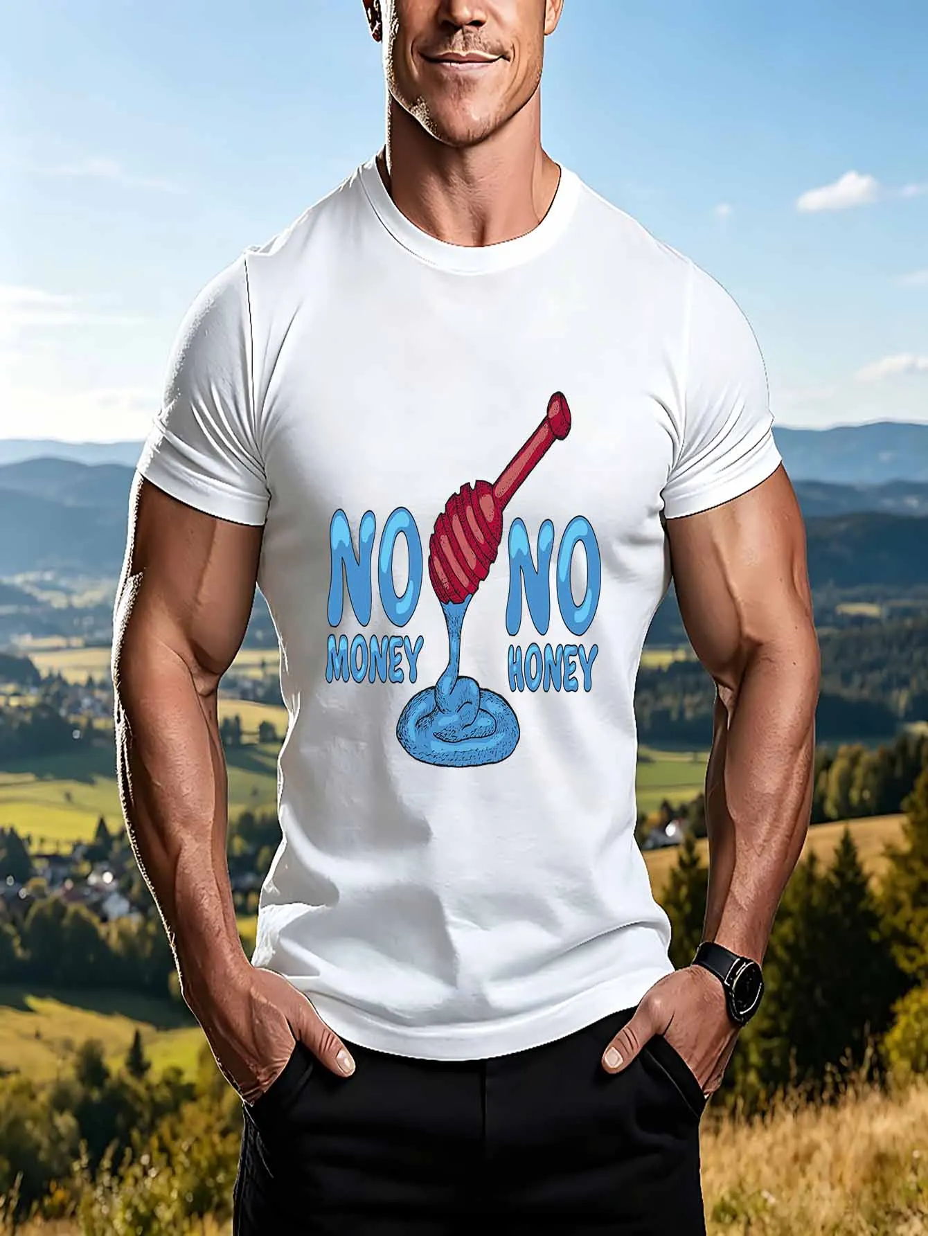 Camiseta de algodón con gráfico No Money No Honey para hombre, ropa de calle y estilo moderno, cuello redondo, manga corta, ligera elasticidad
