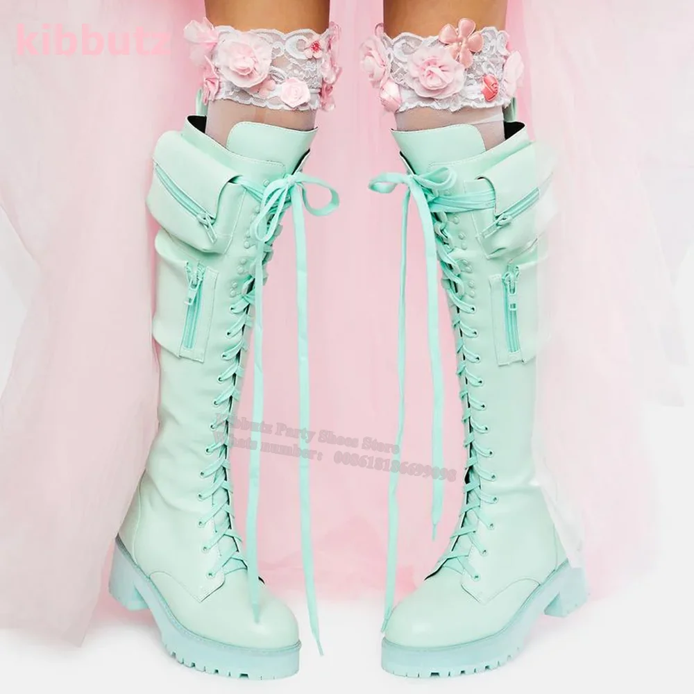 Lace-Up Pockets Round Toe Square Heel Knee-High Boots Patent Leather Solid Green Side Zipper Fashion Elegant Sexy Women Shoe New