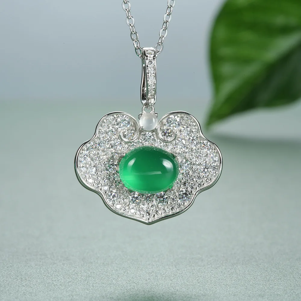 S925 Sterling Silver Necklace Female Ruyi Emperor Green Pendant Egg Surface Chalcedony Agate Clavicle Chain New Chinese Style